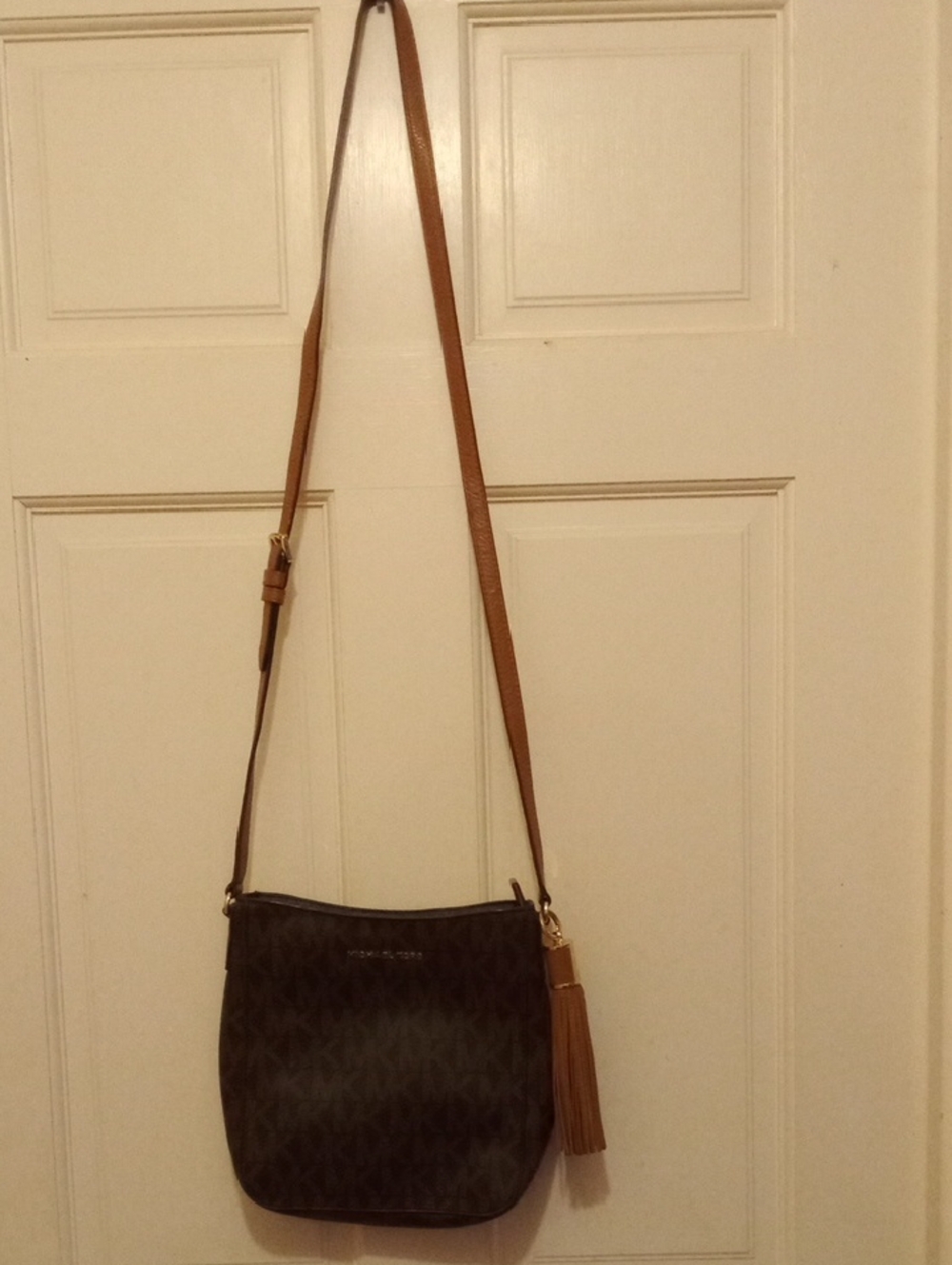 Michael Kors Brown Logo Crossbody with Tan Strap and Tassel